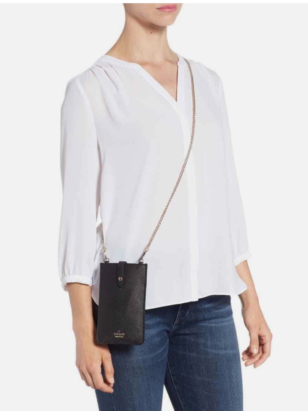 kate spade black saffiano phone crossbody with silver chain